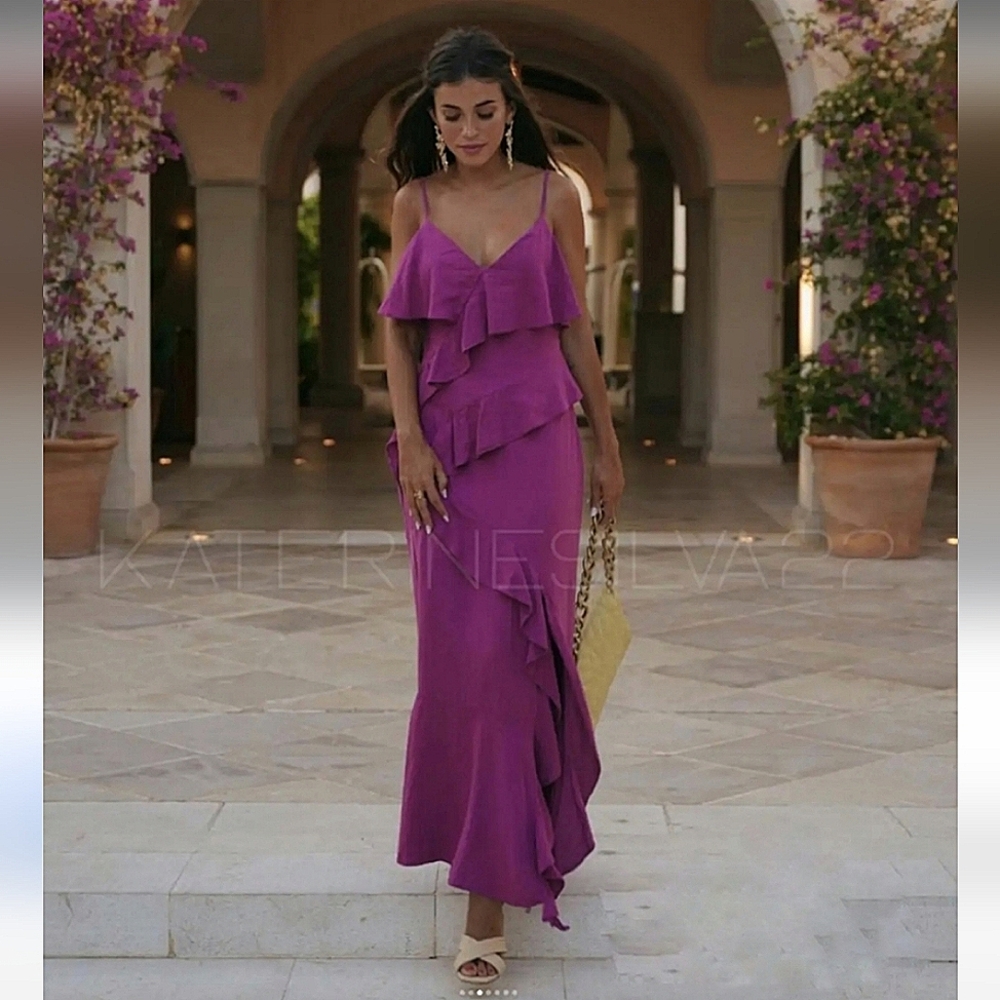 Zara * Linen Blend Ruffled Purplre Long Dress size XS